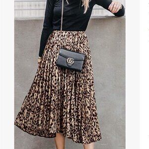 Leopard Midi Long Shirring Pleated Skirt